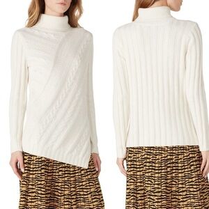MILLY Asymmetrical Cable Knit Turtleneck Sweater